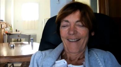 nerdy skinny blond granny Annie with cucumber smiling and su